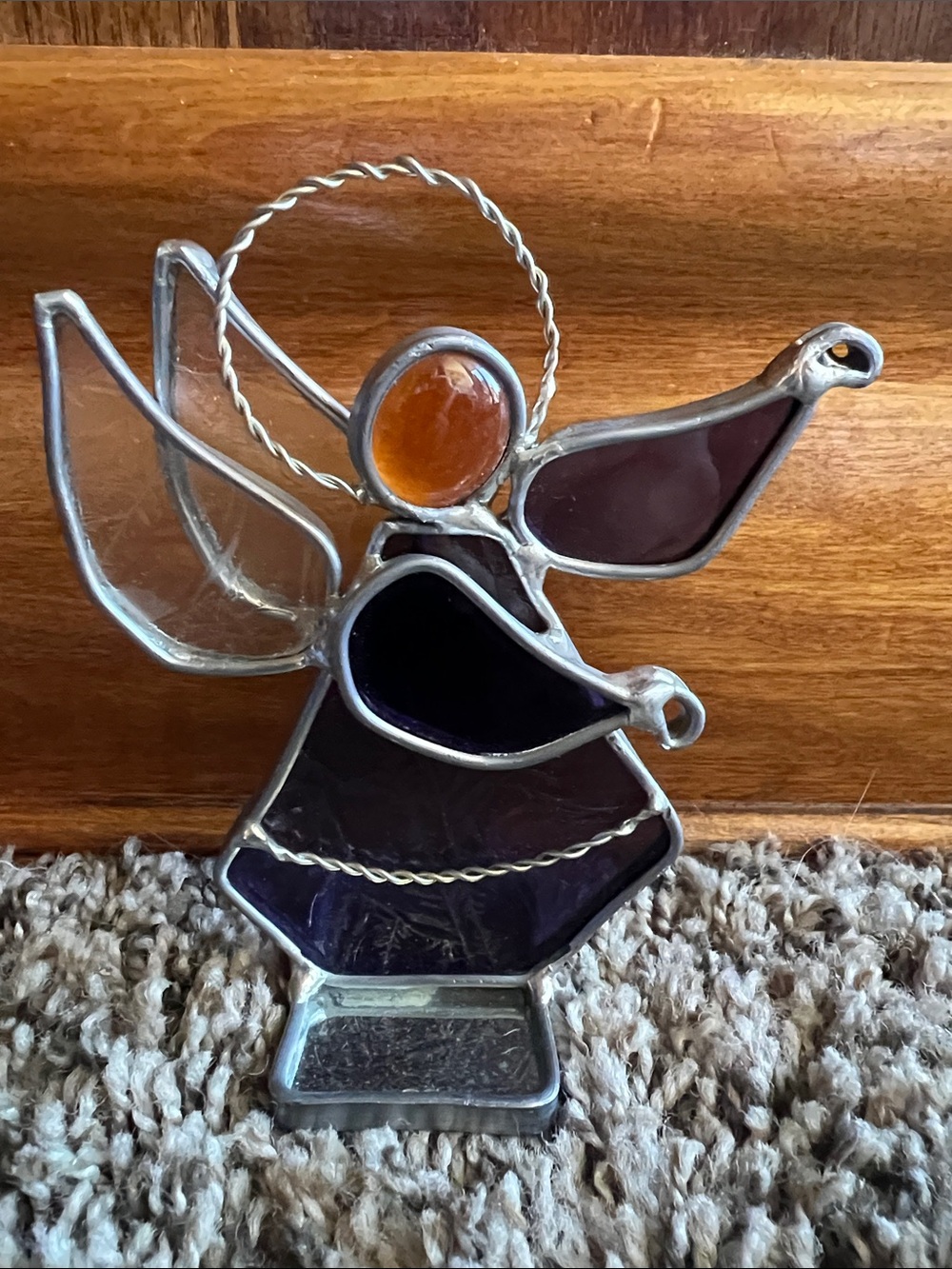 Stained Glass Angel Figurine in Deep Purple and Amber - Home Art